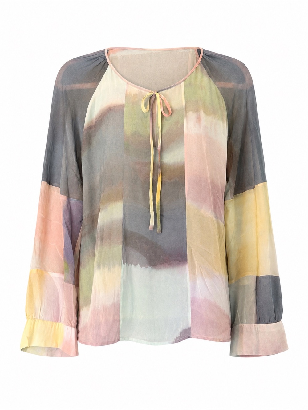 Ecru Watercolor Print Blouse Sheer Pastel Tie-Neck Top Romantic Boho Size Small